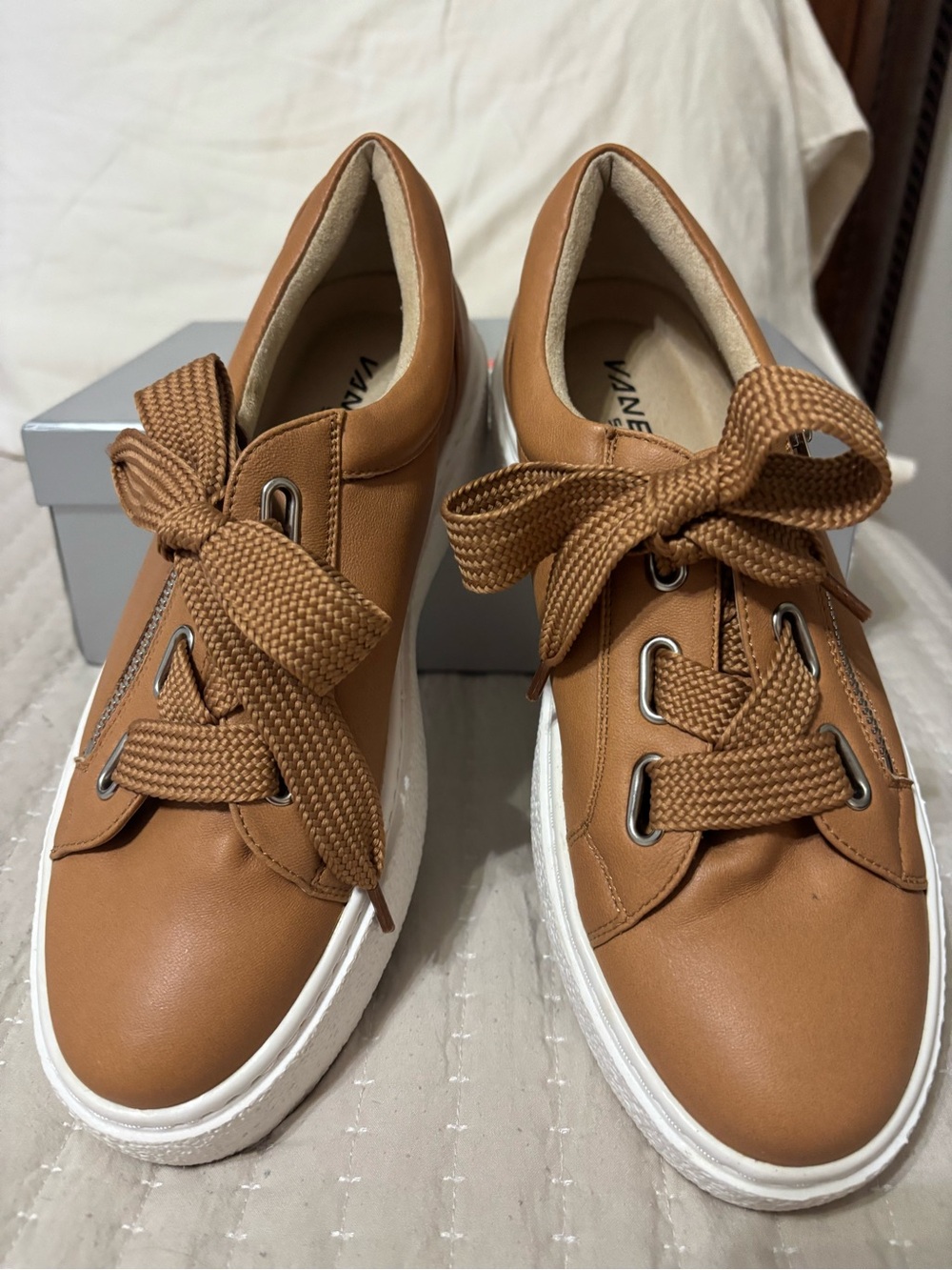Vaneli Women's Camel Brown Leather Platform Sneakers with White Sole
